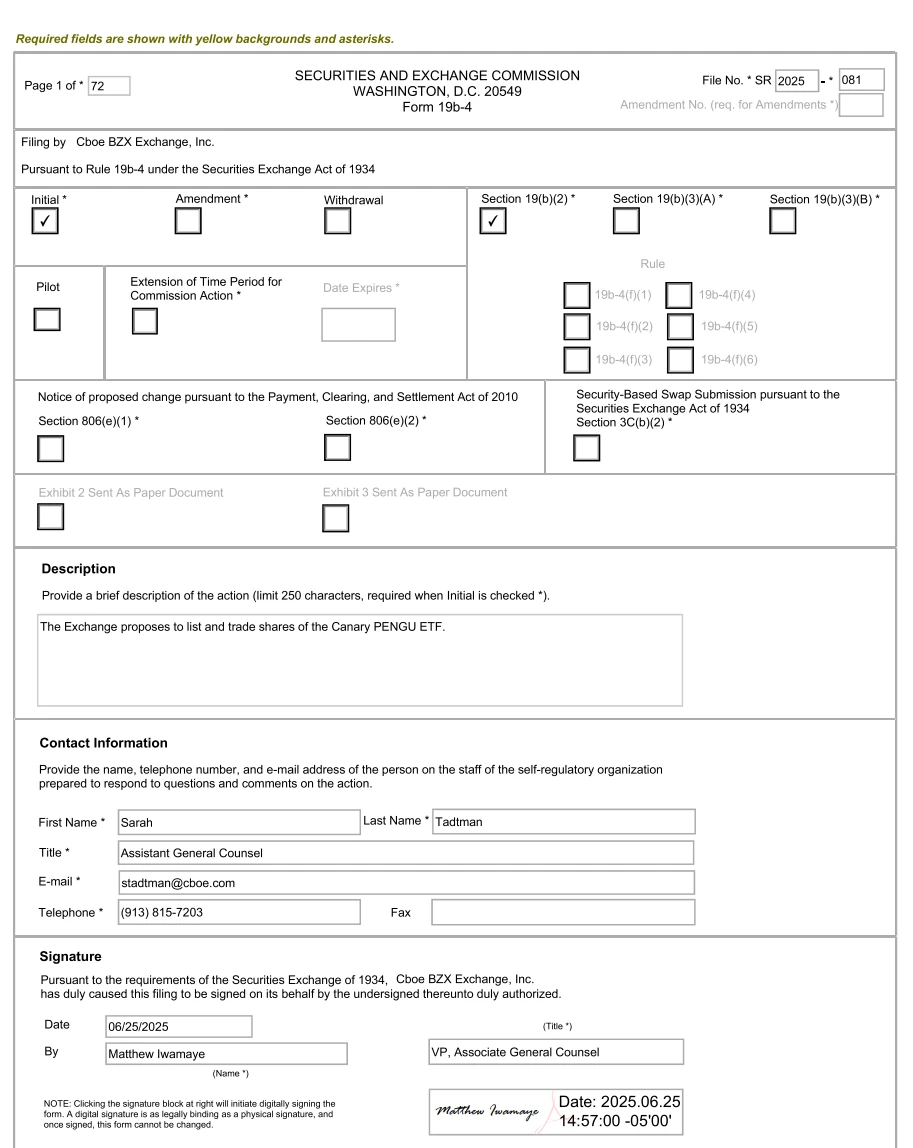 Cboe BZX Exchange 向 SEC 提交 Canary PENGU ETF 19b-4 申请文件