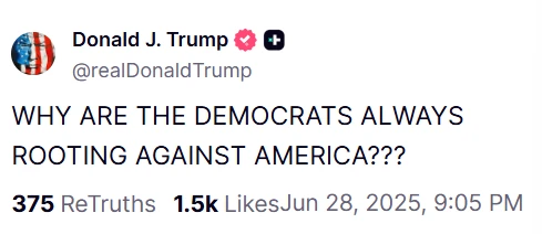 特朗普在 Truth Social 质疑民主党反美立场