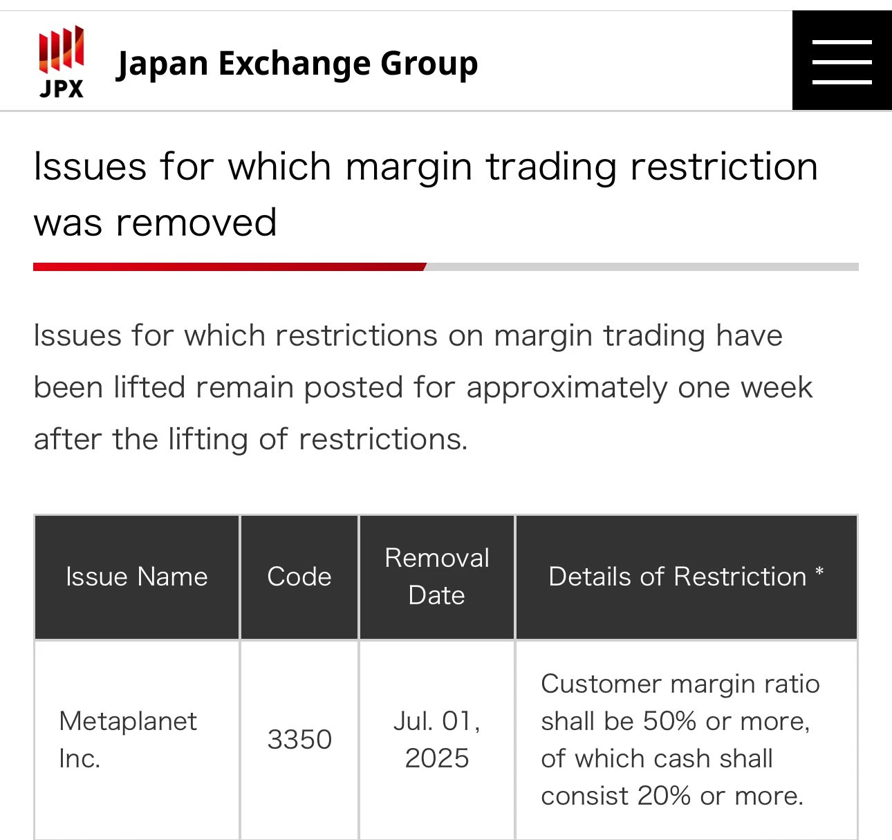东京证券交易所将于7月1日解除Metaplanet保证金交易限制