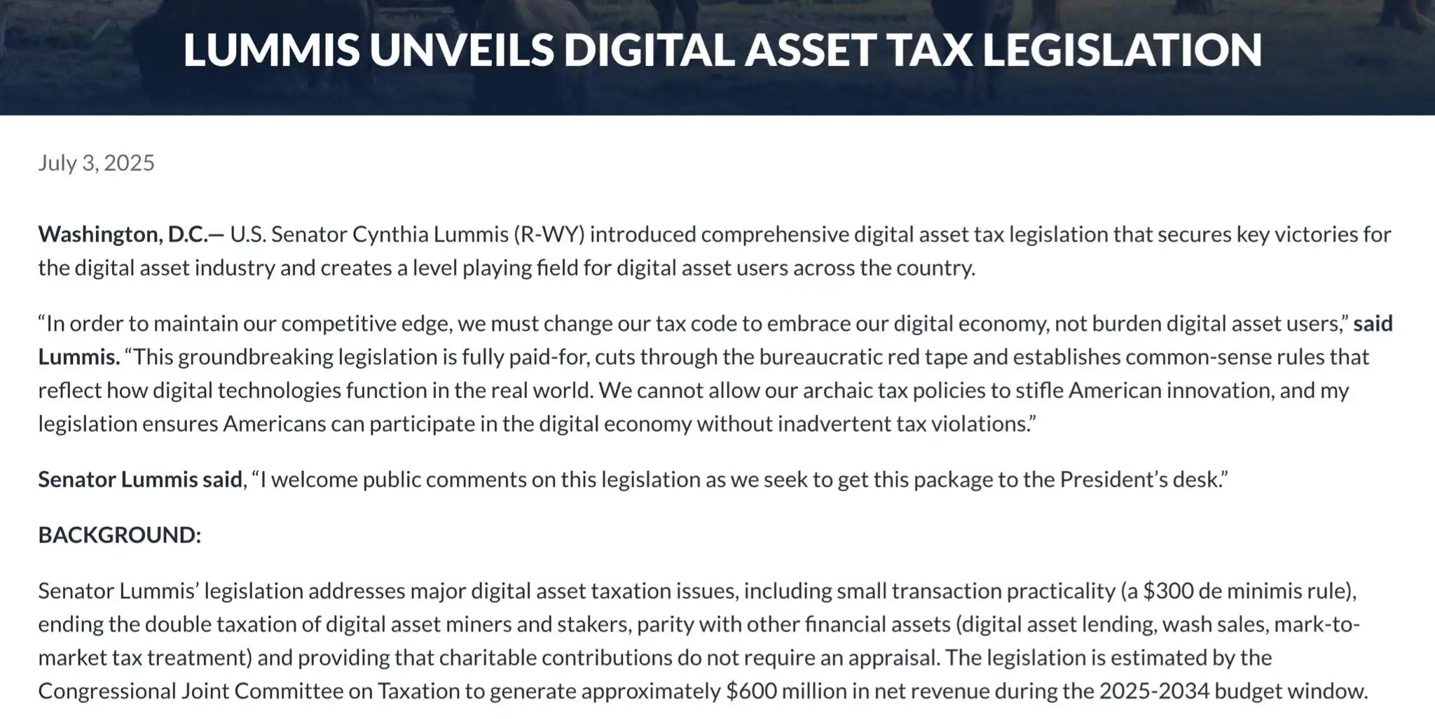 美国参议员 Lummis 推出数字资产税收法案，明确小额交易免税及双重征税调整