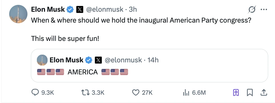 马斯克建议召开”美国党”首次代表大会引发热议
