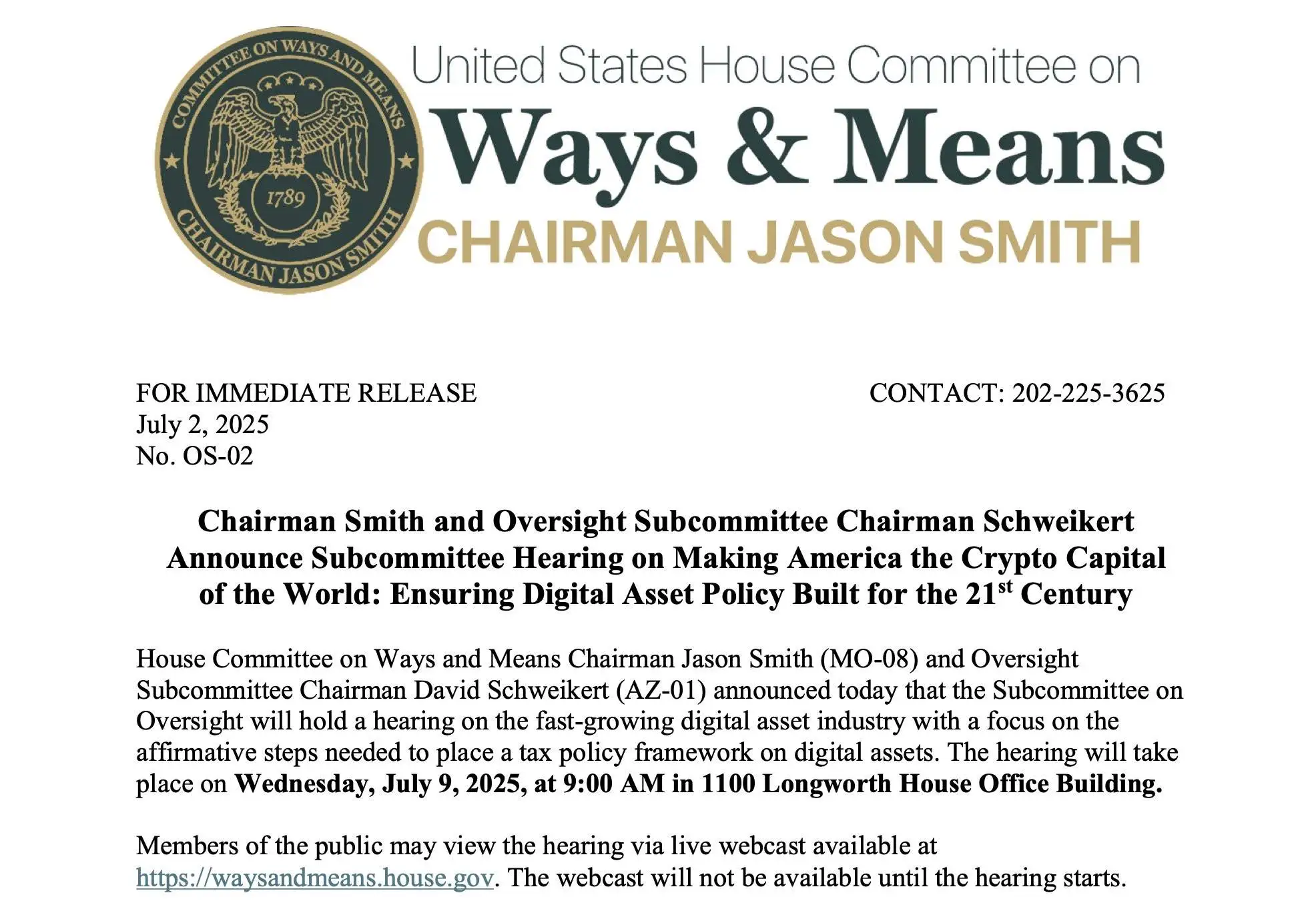 美国众议院筹款委员会监督小组委员会听证会延期 数字资产税收政策框架讨论暂缓