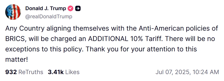 特朗普宣布拟对配合金砖国家反美政策的国家加征10%关税