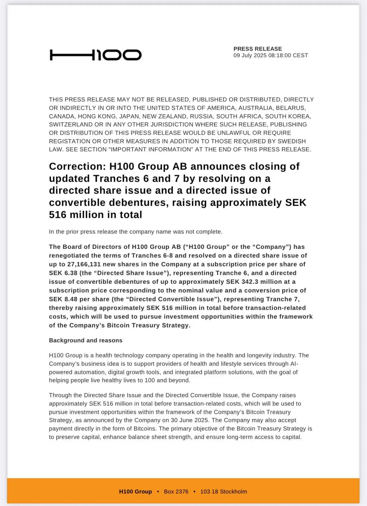 瑞典上市公司 H100 Group 完成 5400 万美元融资