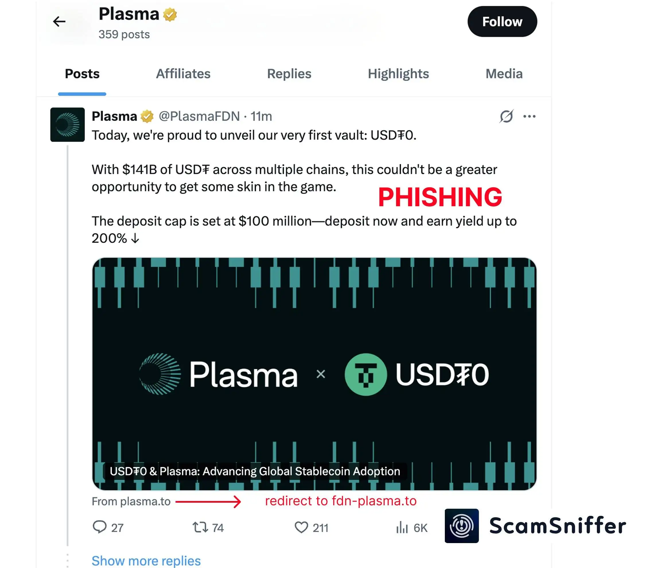 Scam Sniffer通告Plasma X账号遭受入侵 发布钓鱼推文警示