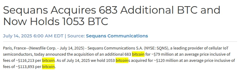 Sequans增持683枚比特币，总持有量达1053枚