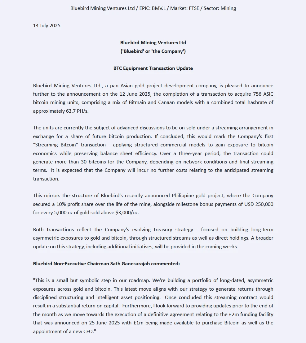 Bluebird Mining采购756台ASIC矿机拓展比特币挖矿业务