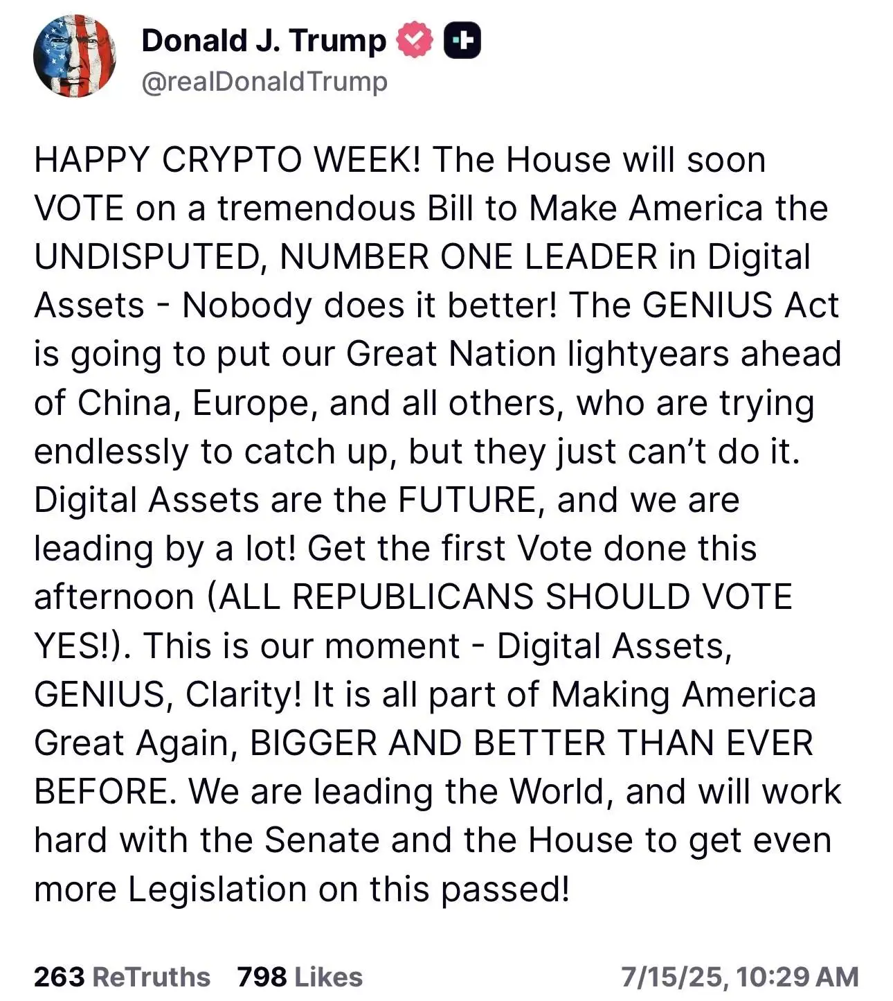 特朗普推动数字资产立法 强调美国领先地位