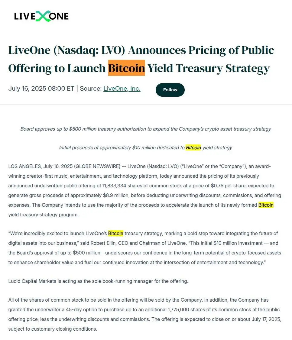 LiveOne启动比特币收藏国库策略募资计划