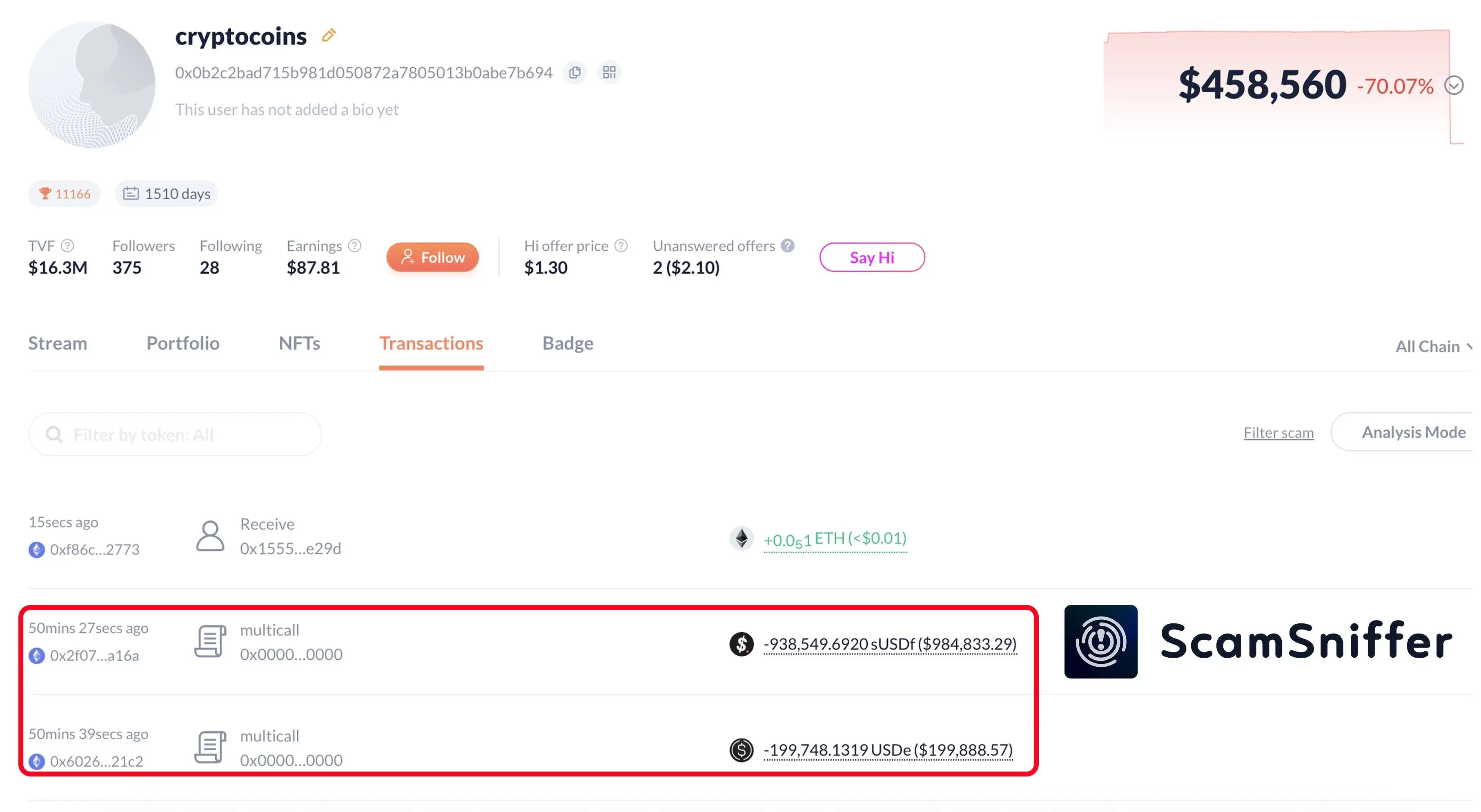 用户因签署多个钓鱼签名损失106万美元稳定币资产