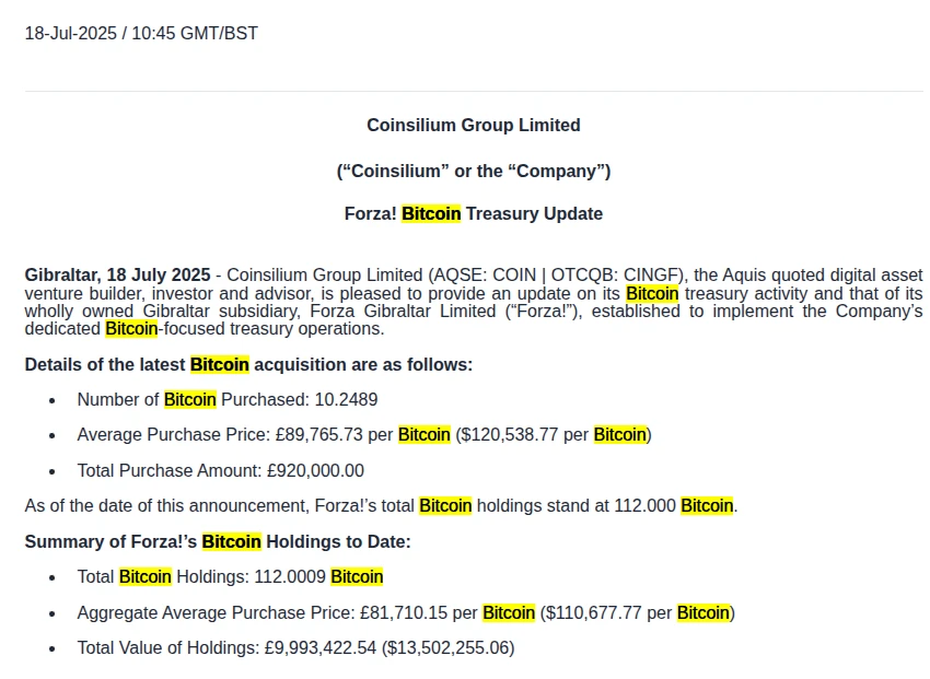 英国上市公司 Coinsilium Group 子公司增持 10.25 枚 BTC
