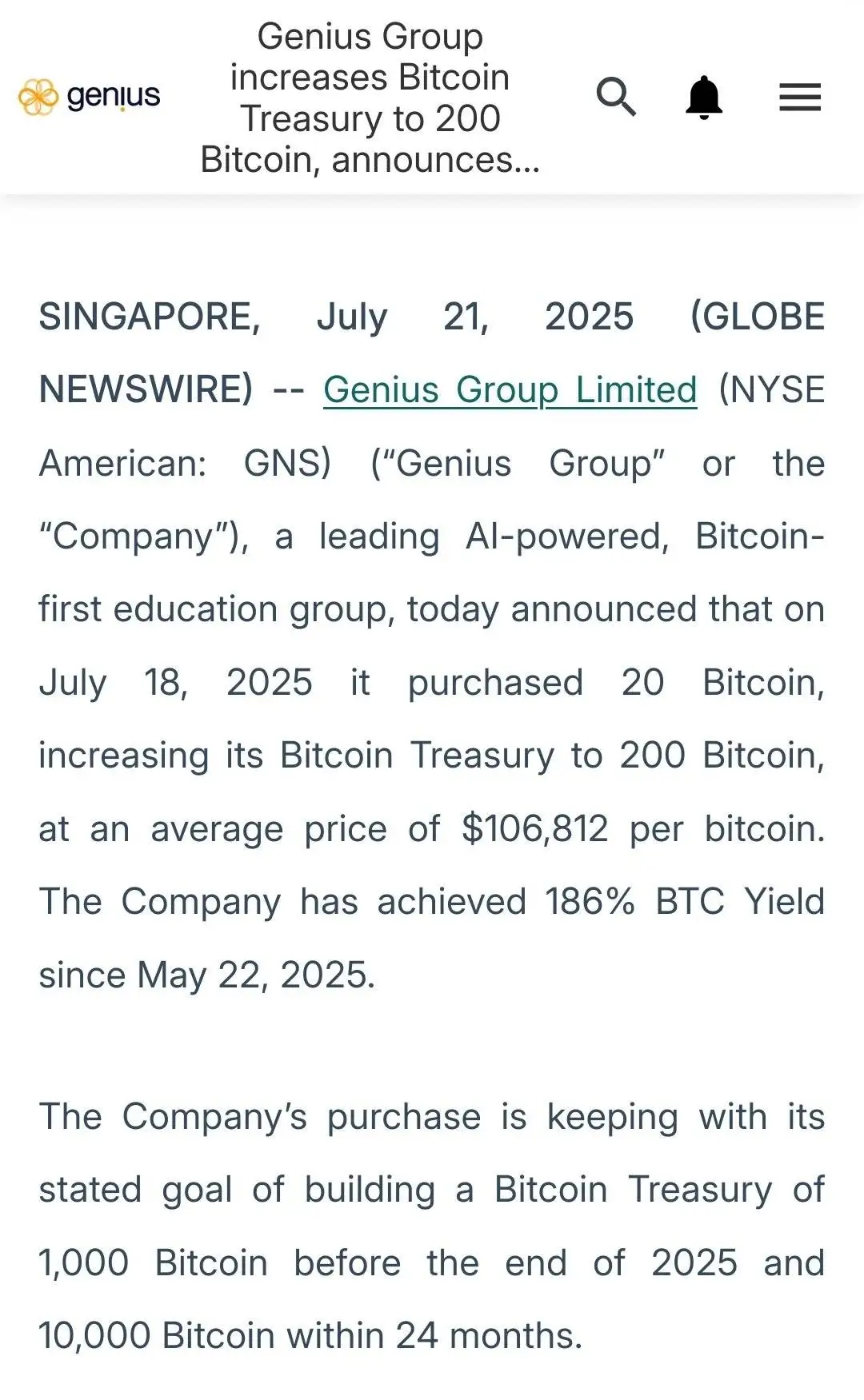 美股上市公司 Genius Group 增持 20 枚比特币，总持仓达 200 枚