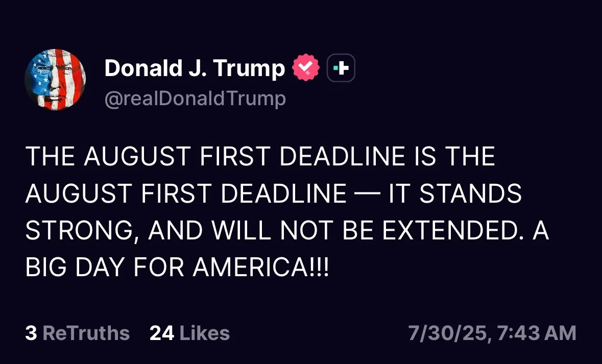 特朗普通过Truth Social确认关税最后期限维持8月1日不变