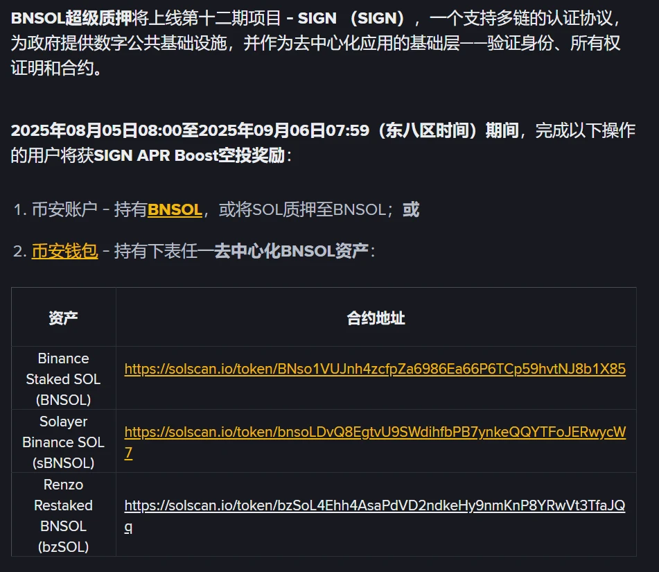 Binance BNSOL超级质押服务新增支持SIGN代币
