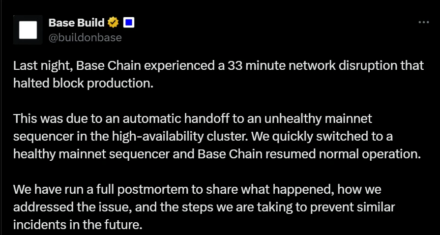 Base链遭遇33分钟网络中断，团队完成事后分析并计划公开应对措施