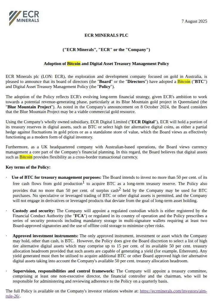 英国上市公司ECR Minerals批准比特币及数字资产投资政策