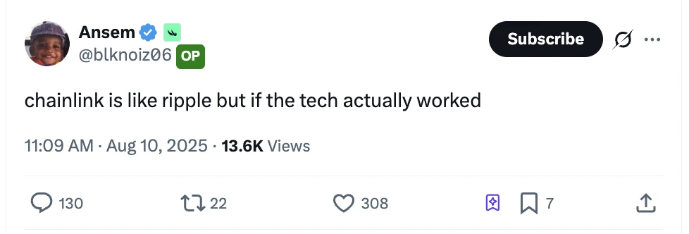 交易员Ansem：Chainlink技术有效性获验证，类Ripple特性引关注
