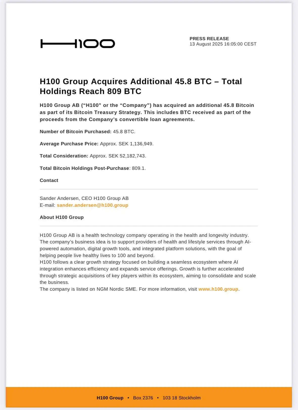 瑞典上市公司H100 Group增持45.8枚比特币，总持有量达809枚
