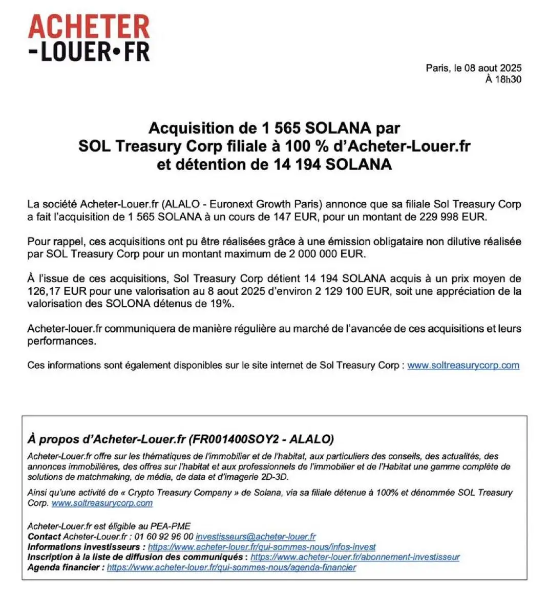 法国上市公司Acheter-Louer.fr子公司增持1,565枚SOL 总持仓达14,194枚