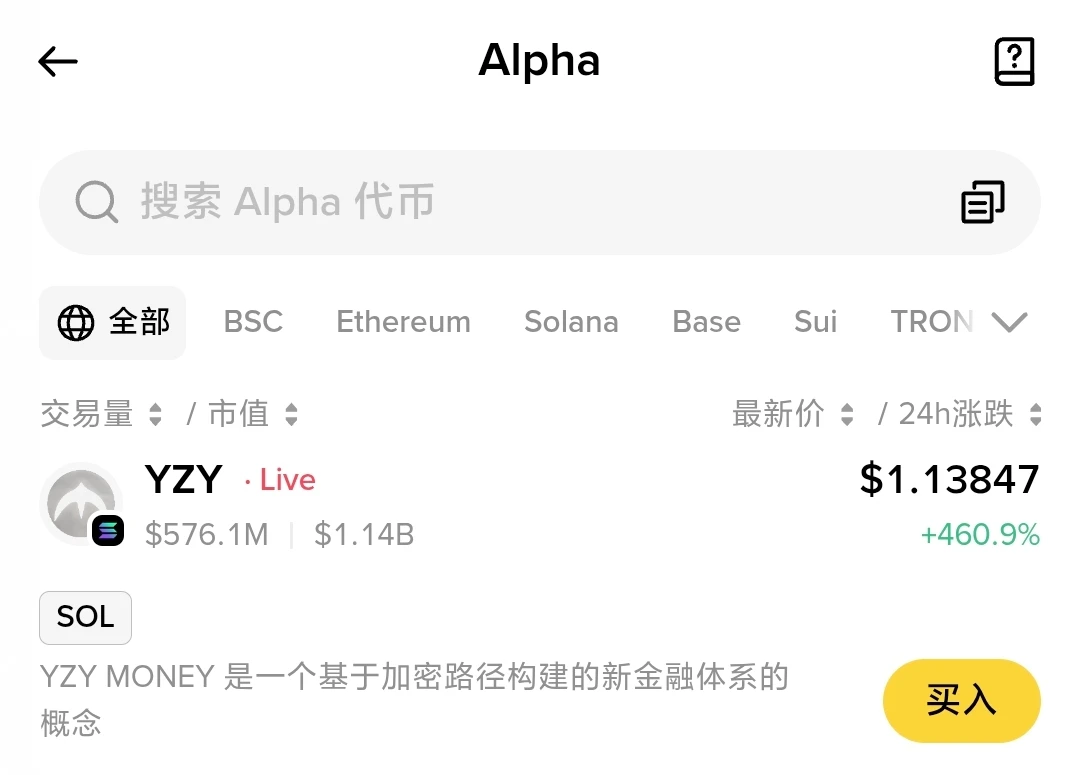 Binance Alpha正式上线YZY代币