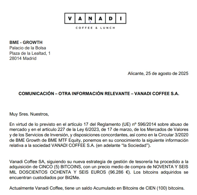 西班牙咖啡连锁Vanadi Coffee 8月25日增持5枚比特币至100枚持仓量