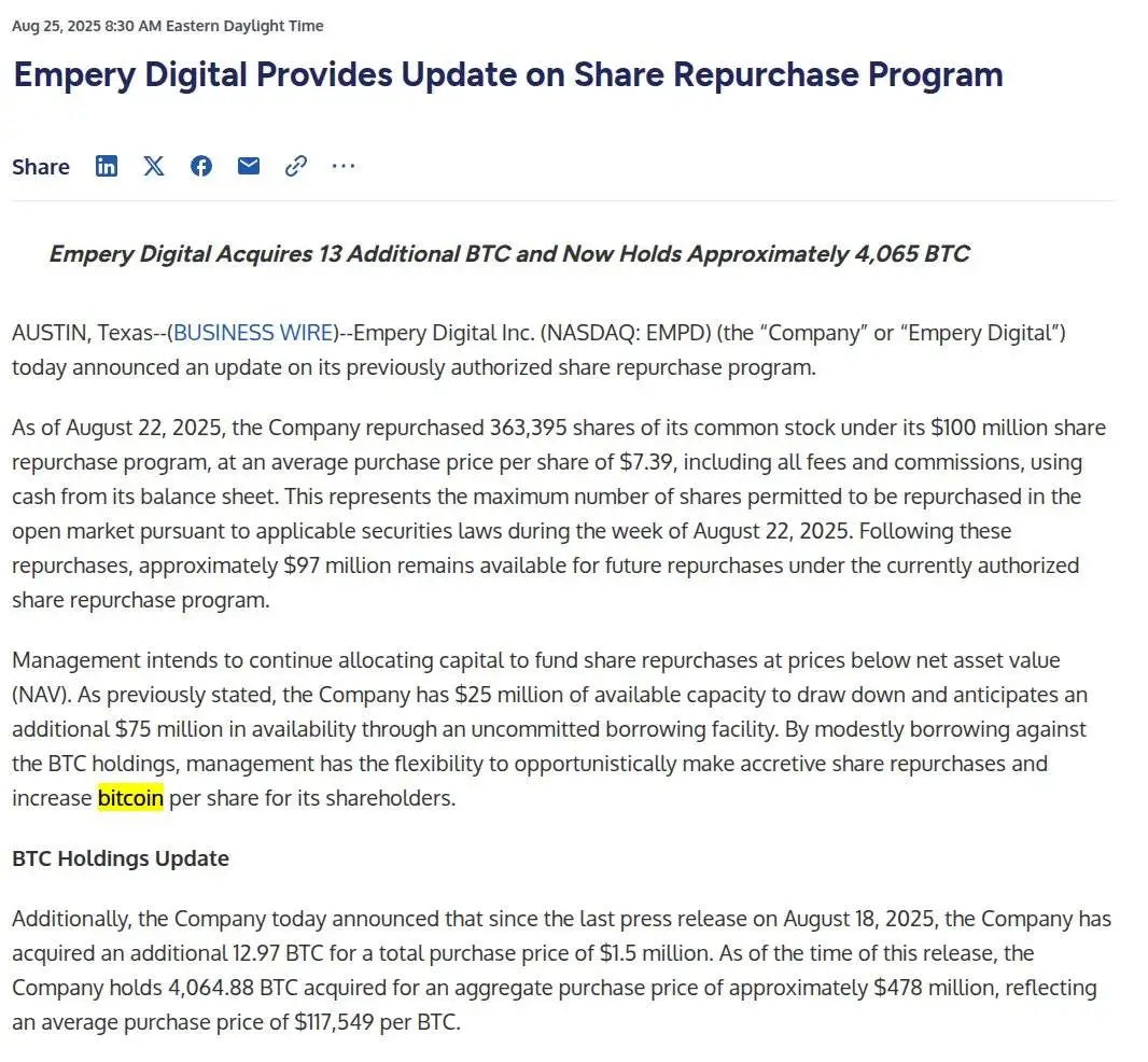 Empery Digital增持比特币总持仓达4065枚