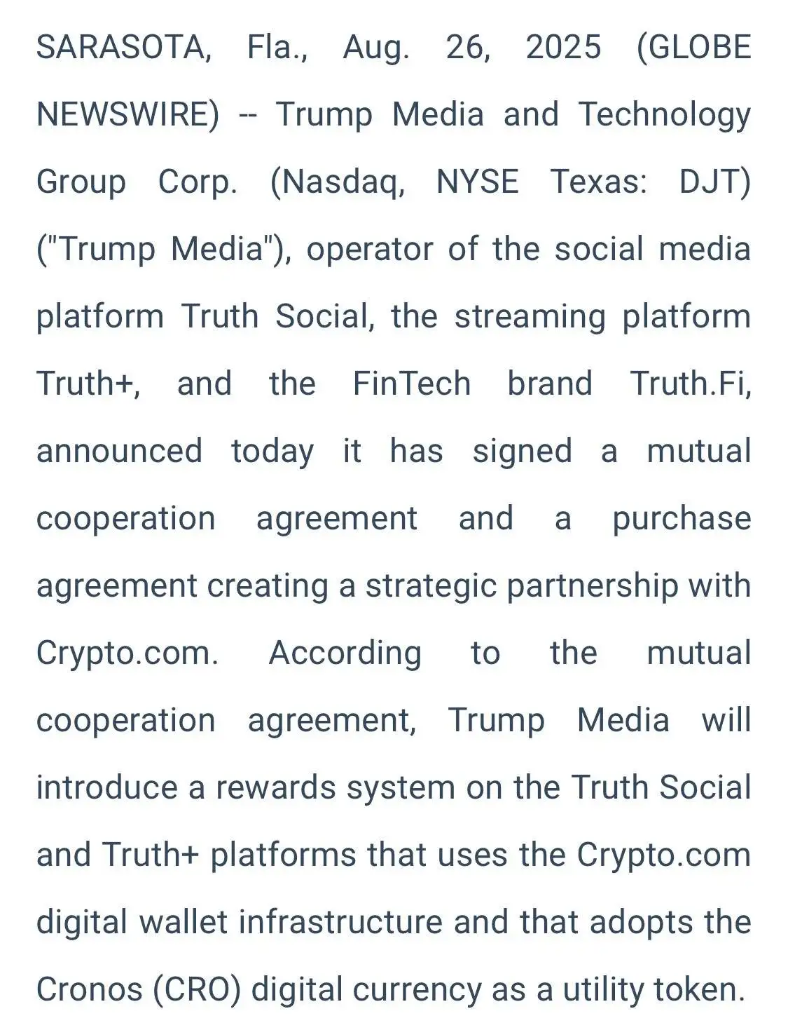 特朗普媒体平台携手Crypto.com集成数字钱包及CRO代币功能