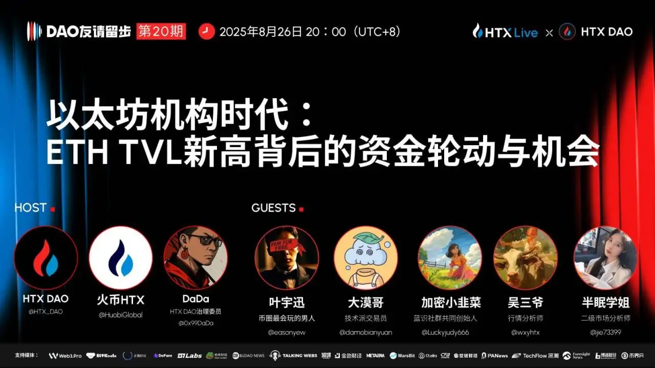 HTX DAO《DAO友请留步》第20期聚焦以太坊机构时代与ETH TVL新高探讨