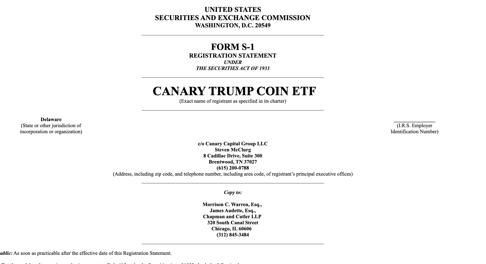 Canary Capital提交TRUMP ETF申请文件