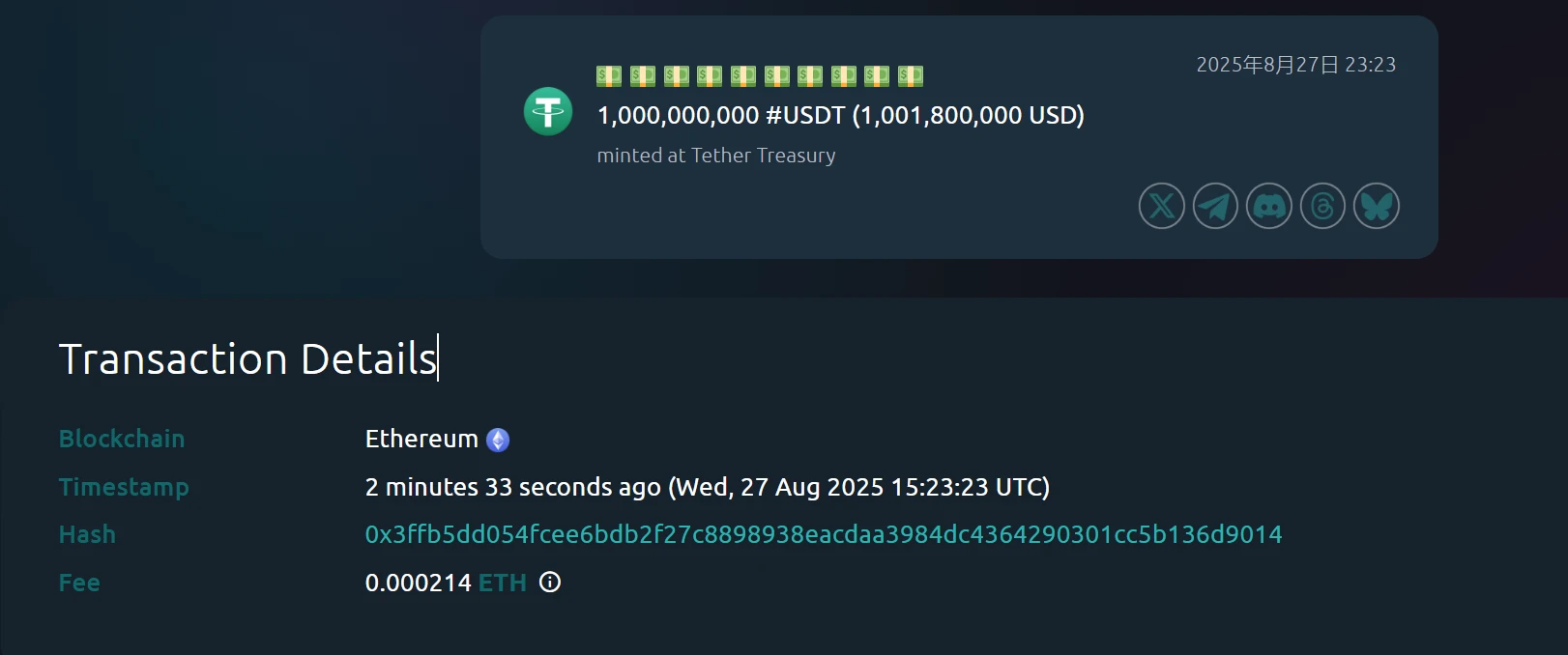 Tether Treasury在以太坊链上铸造10亿枚USDT