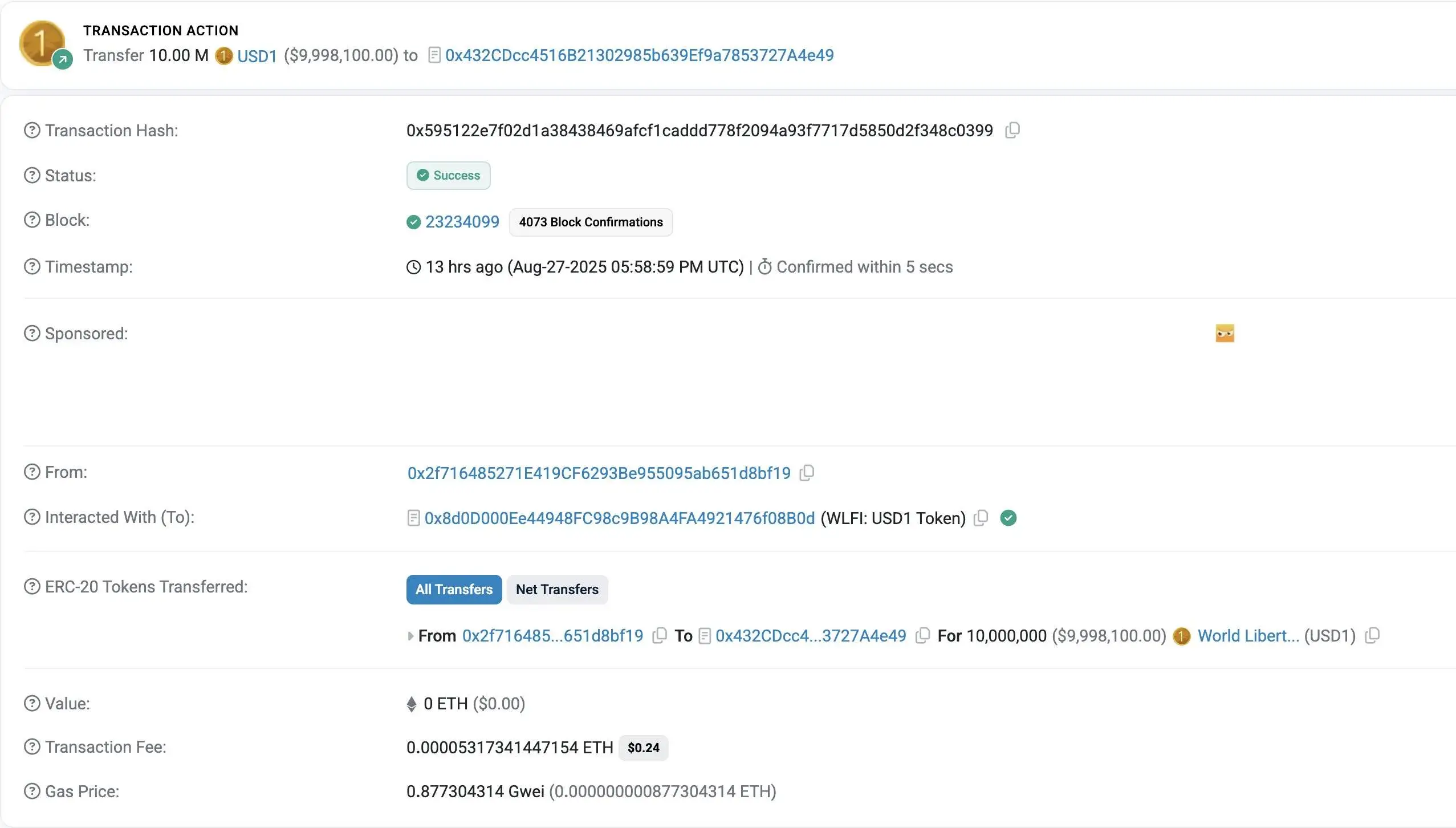 Falcon地址8月28日接收1000万枚USD1代币