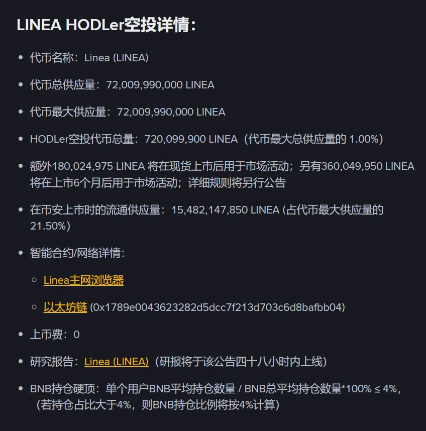 币安HODLer空投第37期项目Linea上线，9月11日开启交易
