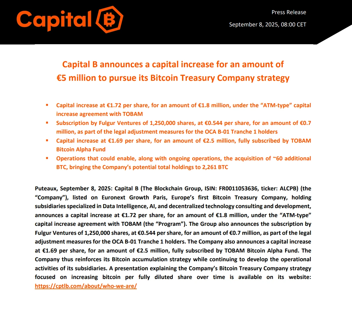 法国上市公司Capital B融资580万美元增持比特币