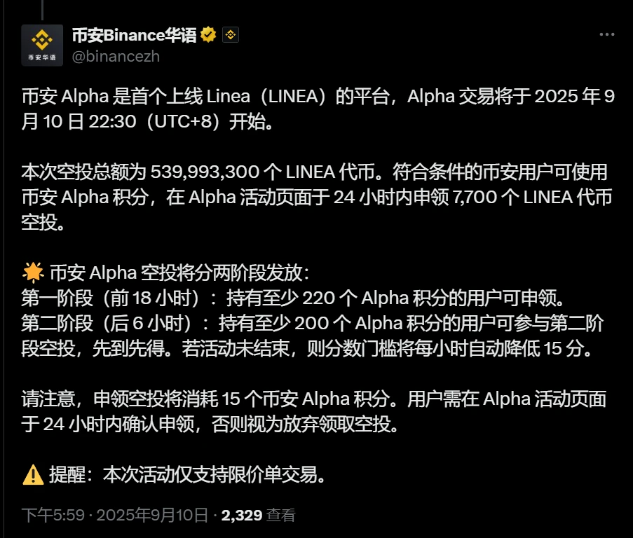 币安Alpha上线LINEA代币并启动分阶段空投活动