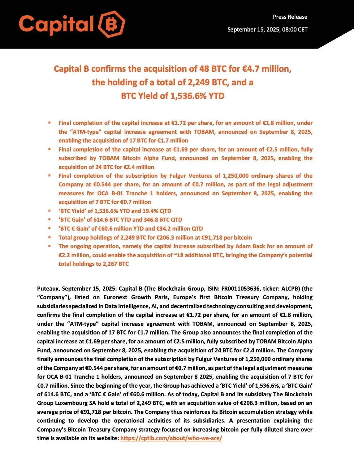 法国上市公司 Capital B 完成48枚BTC增持 总持仓达2249枚