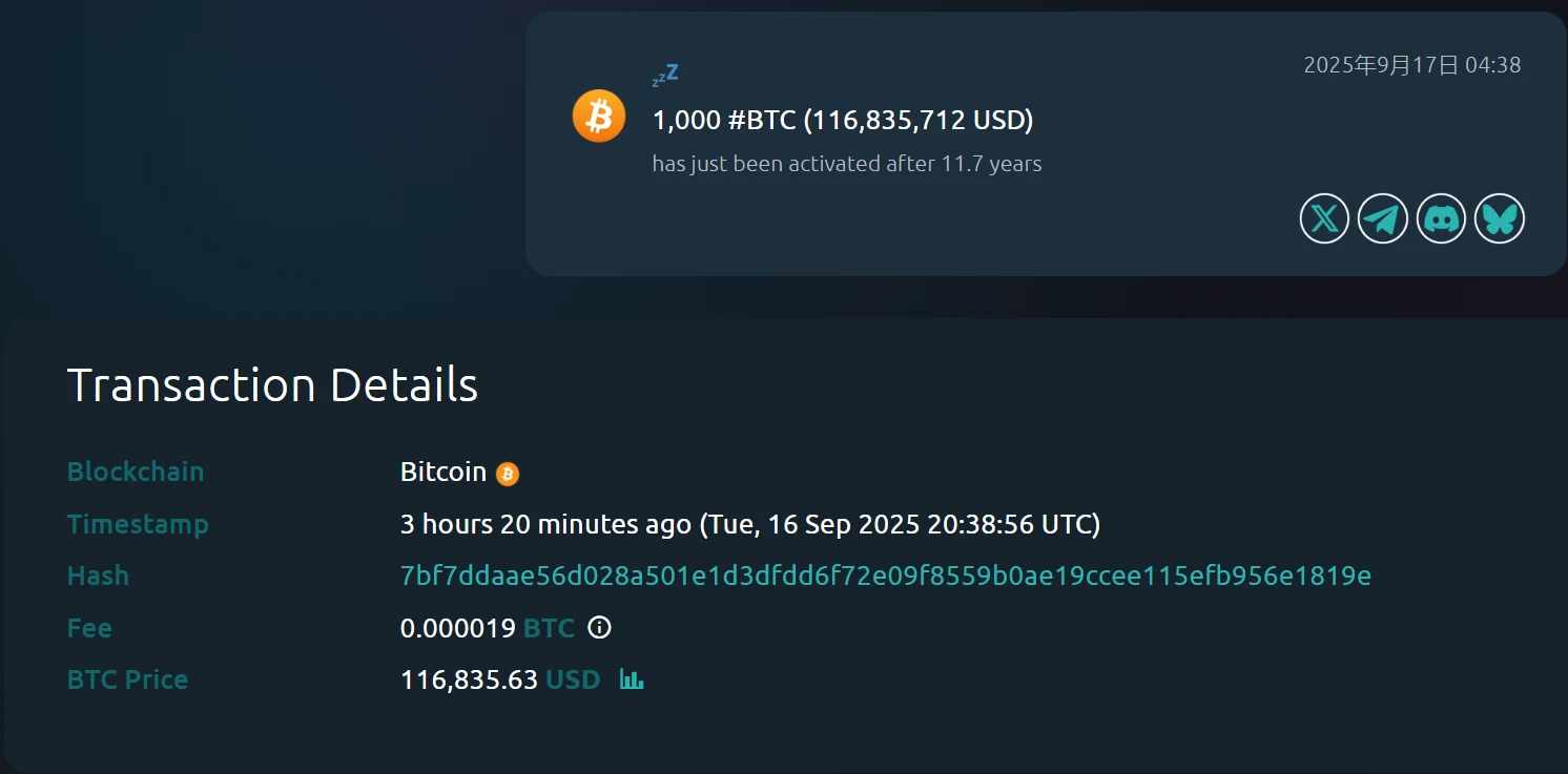 沉寂11.7年比特币地址被激活 持有1,000枚比特币