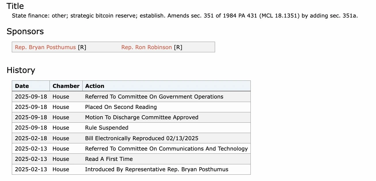 密歇根州比特币储备法案HB 4087进入众议院二读阶段 最高允许10%州财政资金投资加密货币